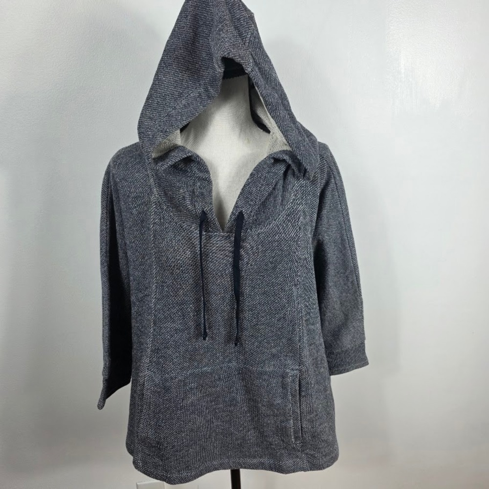 Gap Hoodie Pullover Women Size M Blue Marled Knit 3/4‎ Sleeve Kangaroo Pocket